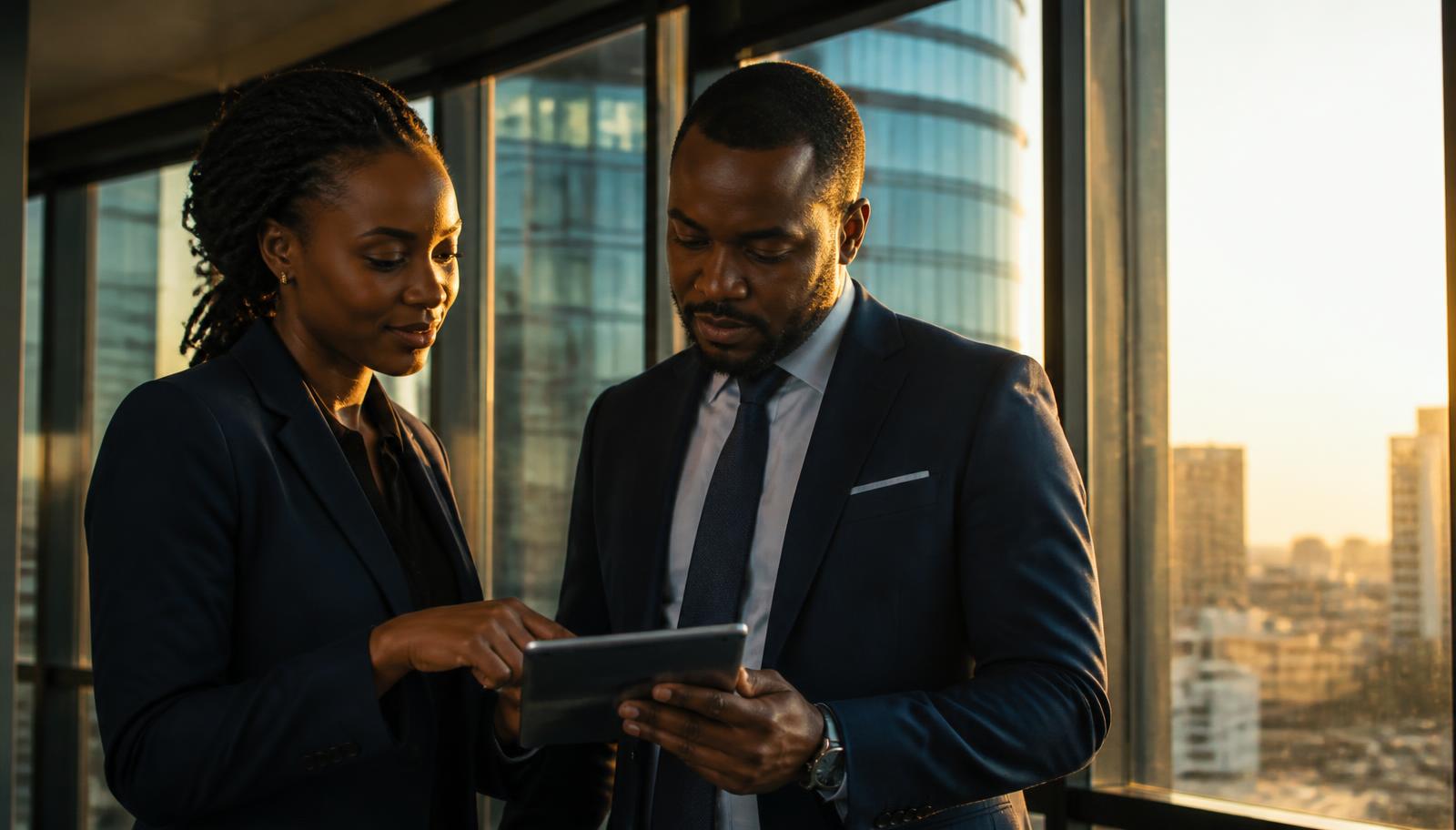 Two business professionals reviewing a contract on a tablet