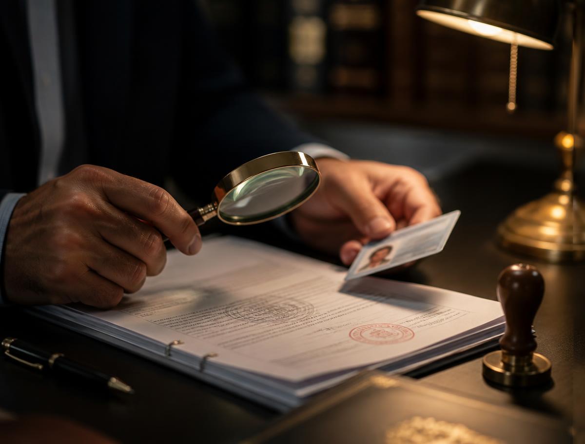 Hands verifying stamped official documents and an identity card